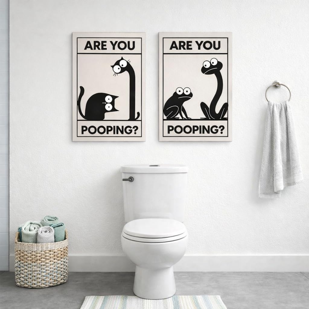 Framed Funny Bathroom Wall Art Set Of 2 Black And White Cartoon Animal Canvas Prints Are You Pooping Bathroom Decor For Guest Bathroom Powder Room Restroom Ready To Hang 12 X 16 Inches