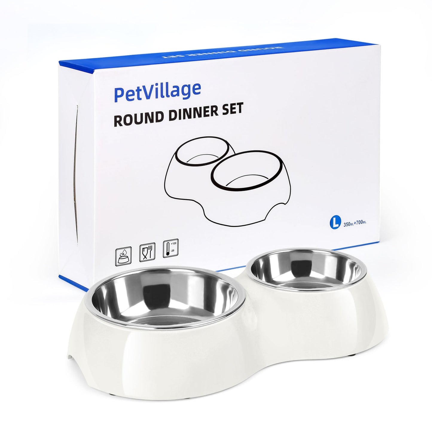 PetVillage Elevated Dog Bowls Set - Non-Slip Raised Pet Feeder with Medium (10 oz) & Large (20 oz) Stainless Steel Bowls - Includes Durable Resin Stand for Corgi Puppies and Adult Cats - White