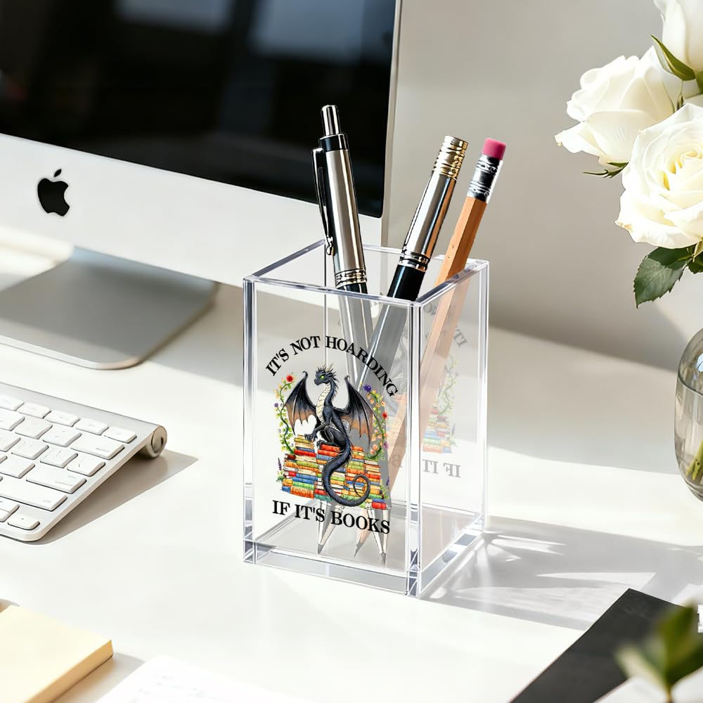 Gkodw It's Not Hoarding If It's Books Acrylic Pen Holder Cosmetic Organizer, Retro Dragon Book Pen Pencil Holders for Desk, Bookmark Holder for Bookshelf, Bookish Gifts for Librarian Reader Teacher