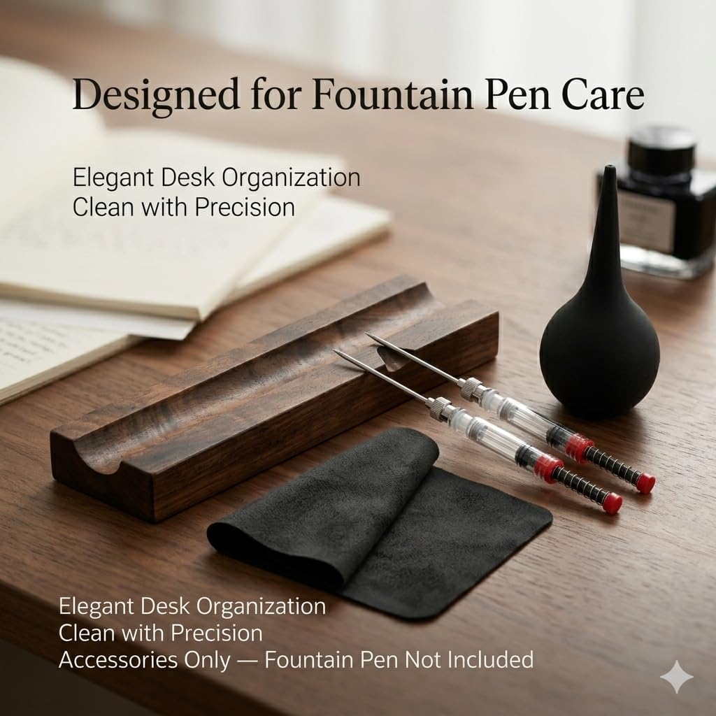 Fountain Pen Cleaning Kit with Black Walnut Pen Rest, 2 Ink Filling Tools, Premium Cleaning Cloth and Rubber Cleaning Bulb, Fountain Pen Maintenance Set for Flushing, Filling and Daily Pen Care