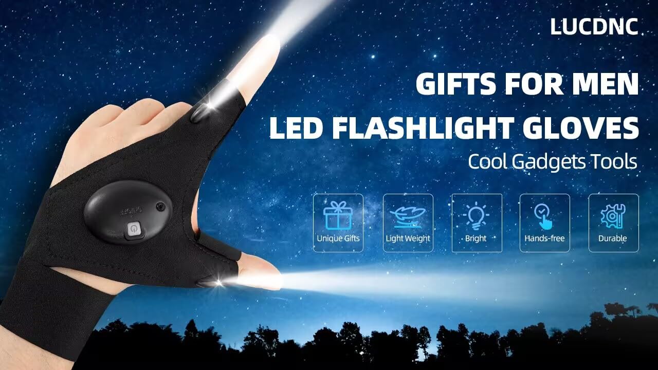 lucdnc Gifts for Men Stocking Stuffers for Adults LED Flashlight Gloves Cool Gadgets Tools Outdoor Hands Free Flashlights for Fishing Repairing Camping Unique Men Birthday Christmas Gifts