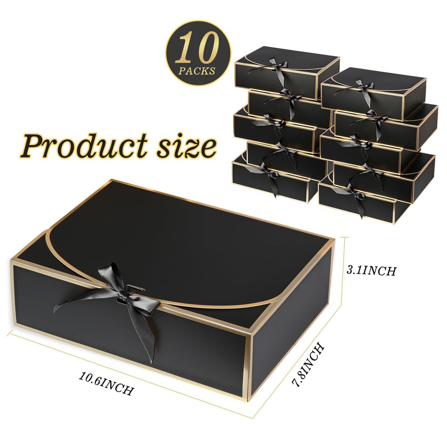 WLUSEAXI 10Pack Black Gift Boxes, 10.6x7.8x3.1Inch Bridesmaid Proposal Box with Ribbons, Gift Boxes with Lids for Presents, Mother's Day, Wedding, Groomsmen Proposal, Birthday Party