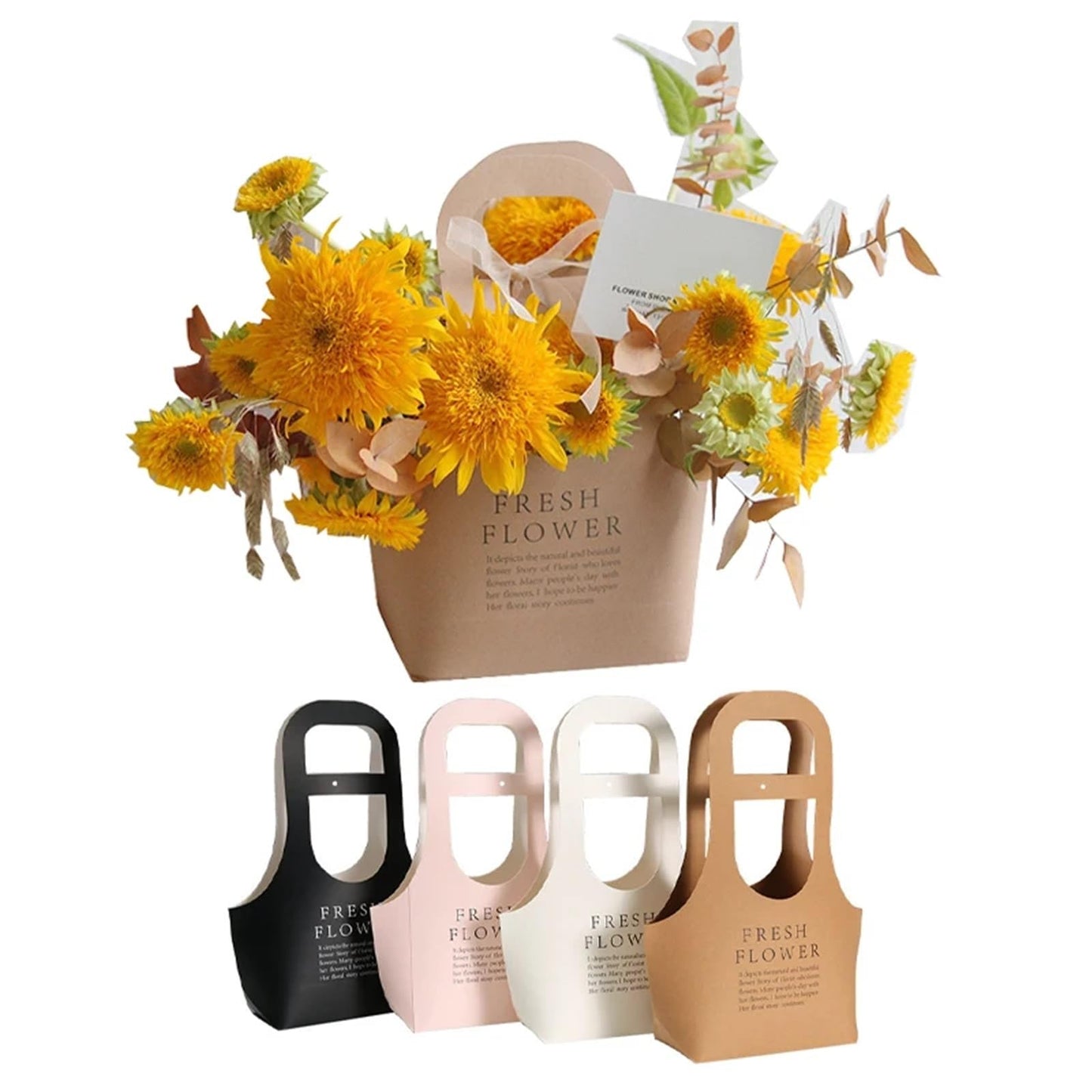 Nikeg Kraft Paper Flower Gift Bags 10Pcs Korean Portable Flower Box, Kraft Paper Bouquet Arrangement Packaging Bag, Creative Waterproof Gift(White,Big)