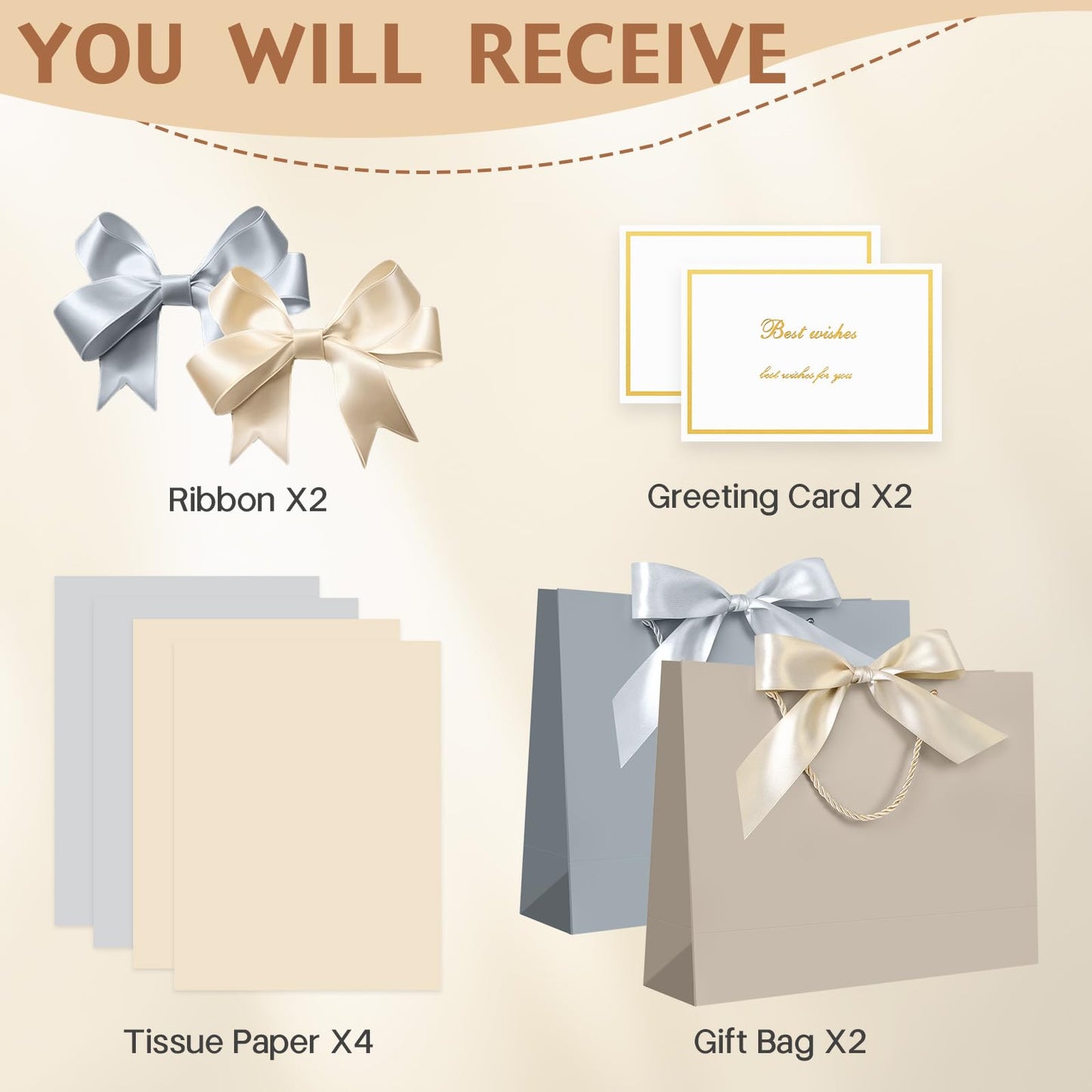 JMANNI Gift Bags with Handles, 13” Medium Gift Bag for Presents, 1 Pcs Bags with 2 Tissue Paper and 1 Cards for Baby Shower Wedding Bridal Shower Mother's Day Birthday Party（champagne gold）