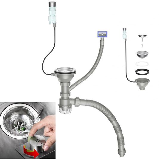 QruiLanTu 4 1/2'' Kitchen Sink Drain Assembly with Push Button Control,Stainless Steel Basket Strainer Kit with Overflow, Flexible Drain Hose for kitchens and bathrooms