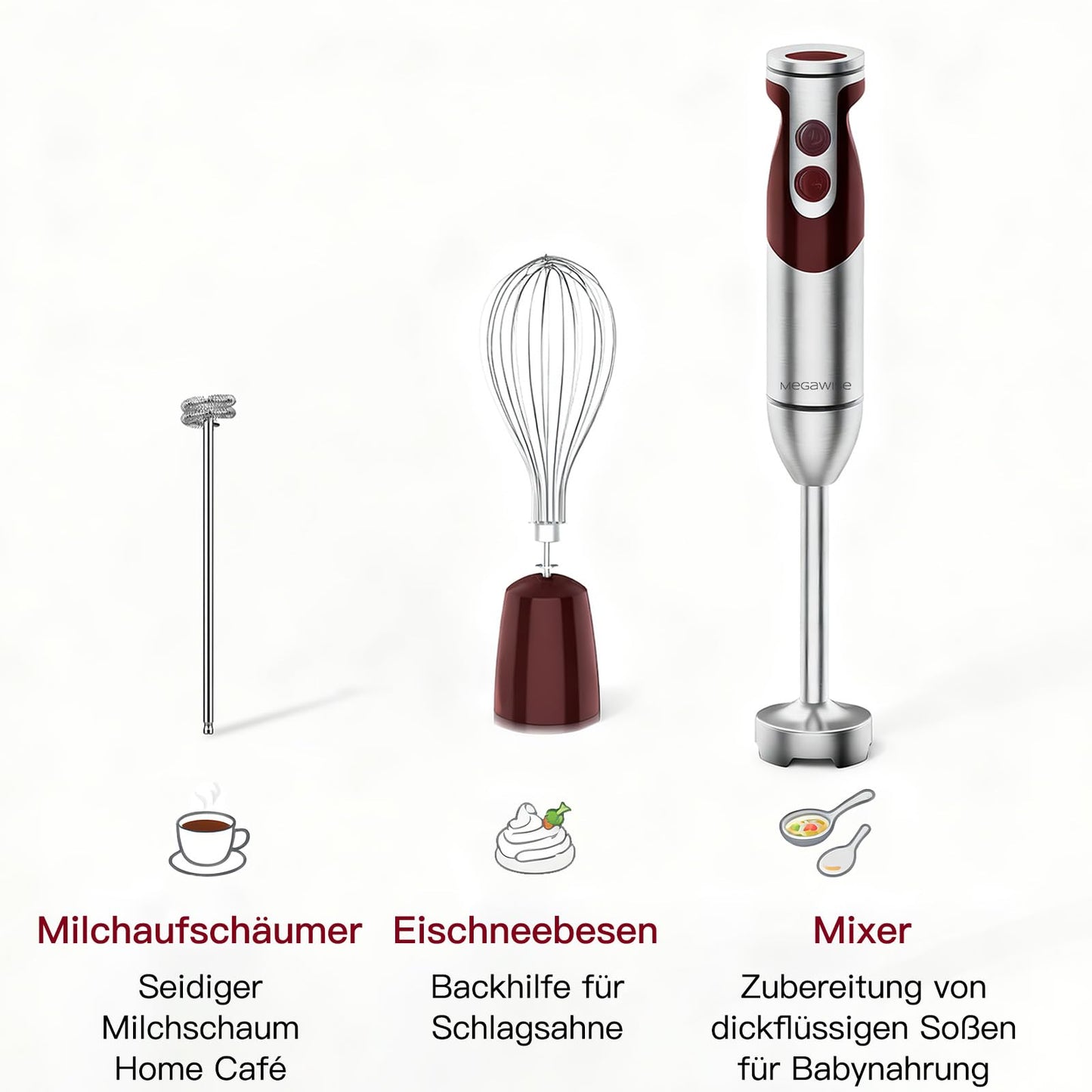 MegaWise Pro Titanium Reinforced 3-in-1 Immersion Corded Hand Blender, Powerful MOTOR with 80% Sharper Blades, 12-Speed Corded Blender, IncludingWhisk and Milk Frother (3-in 1 Red)