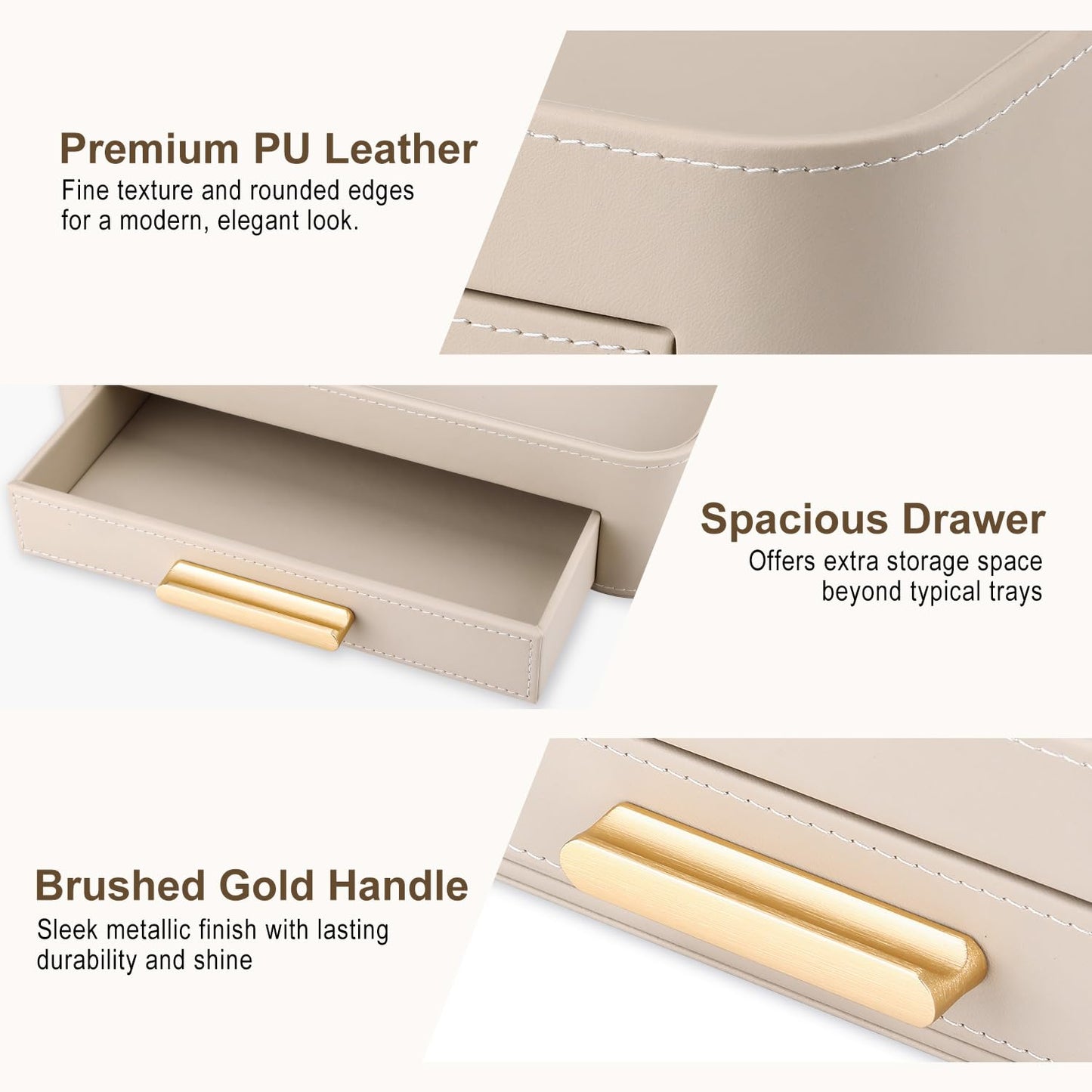 GORESE Valet Jewelry Tray Nightstand Organizer with Drawer, PU Leather Perfume Tray Trinket Trays for Vanity Bathroom Entryway, Catchall Trays for Key Purse Watch Cologne, Gift for Women Men, Beige