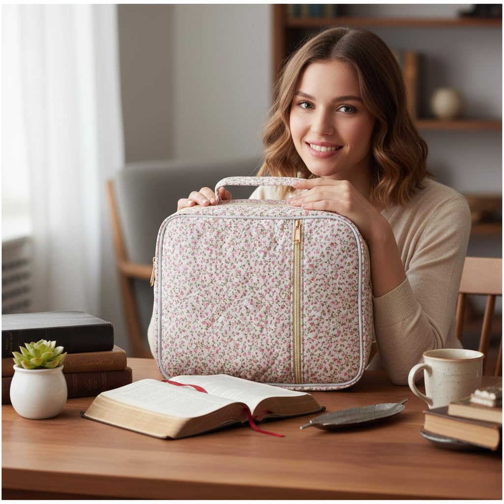 Bible Cover Case for Women,Bible Tote Bag Large Quilted Bible Cover Study Supplies Accessories with Durable Handle Carrying Case Christian Gifts for Girls (Mini Pink Flower)