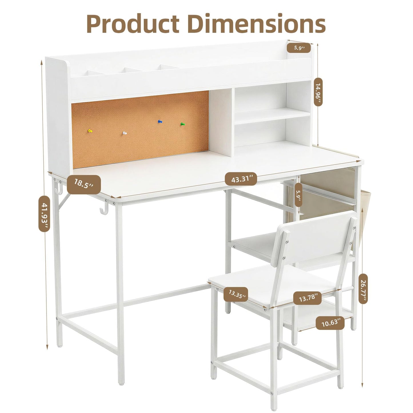 DHZ Kids Desk and Chair Set with Storage, Children Study Table with Bulletin Board, Side Pouch Organizer for Art Supplies, Kids Study Desk with Hutch for 5-12 Homework, Reading, Art Activities