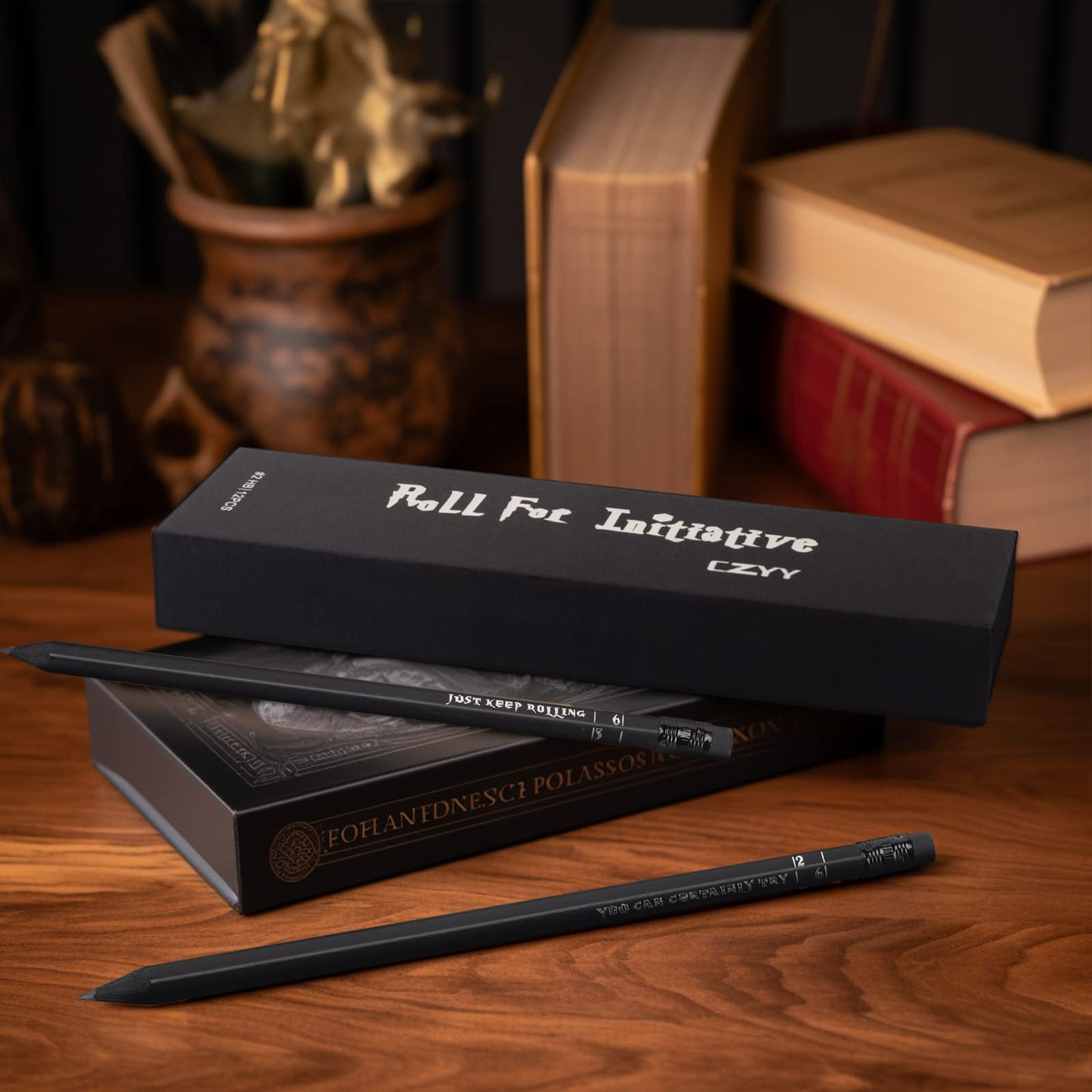 DND Pencils Set of 12 - Silver Foil Stamped with RPG Slogans & D6 Dice Numbers - Hexagon 2HB Tabletop Gaming Pencil with Eraser - Must-Have Tools, Accessories and Gifts for DM and Player (Style A)