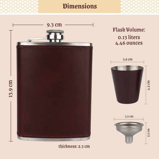 Men's Leather Flask (Brown) with 2 Cups and Funnel - 100% Leak Proof with Stainless Steel and Premium Leather, Gift Set for Father, Grandfather, Boyfriend, and Groomsmen