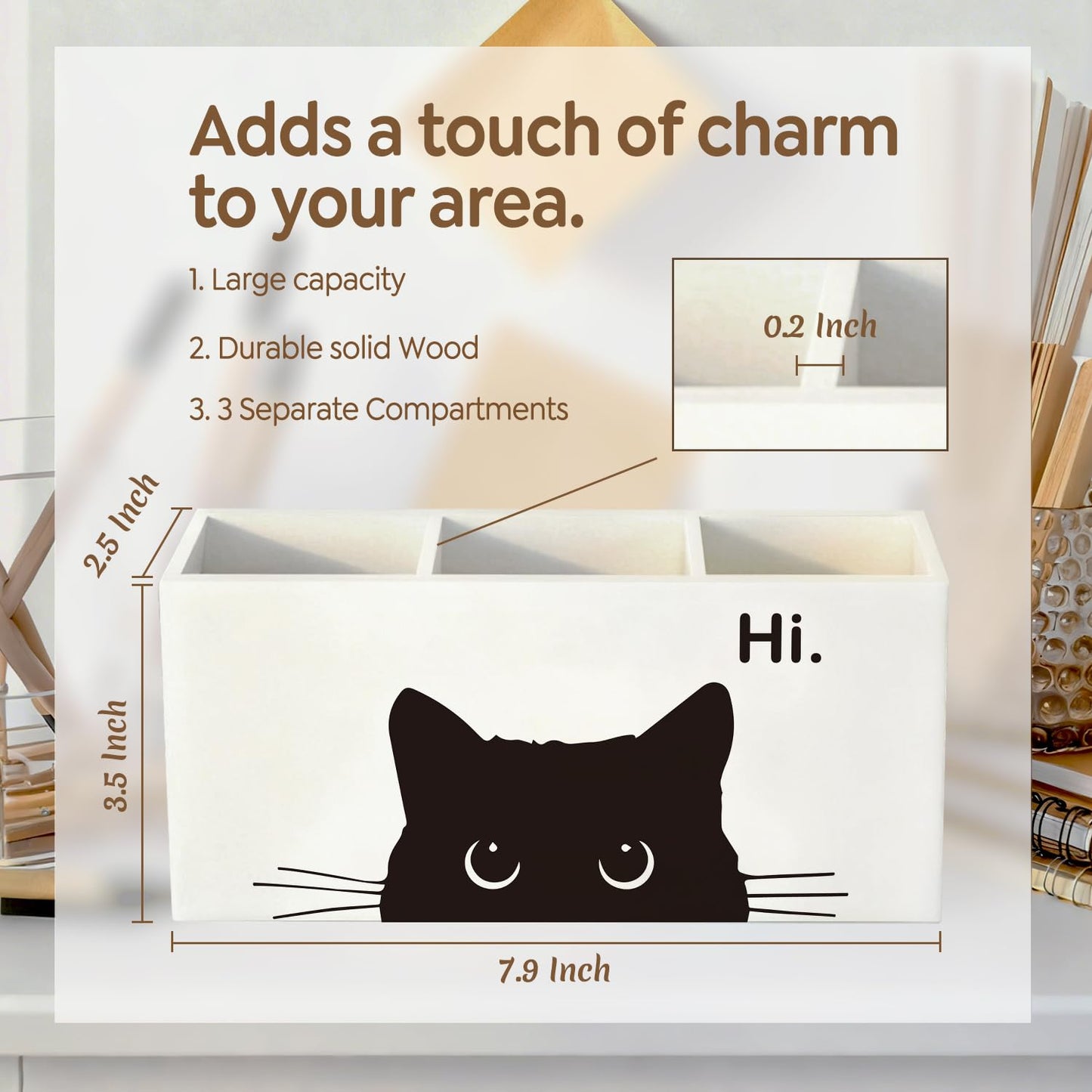 ELMCH Hi Black Cat Pen Pencil Holder Organizer for Desk, Black Cat Mom Lady Lovers Owner Gifts, Personalized Wooden Box Sign Desk Decor for Home Office Library Accessories