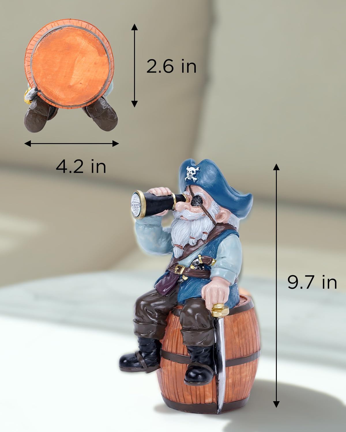 GaloTrek Solar Garden Gnome Statues Funny Resin Pirate Gnome Decorations Sitting on Wine Barrel Outdoor Figurines for Yard Patio Mom Gift