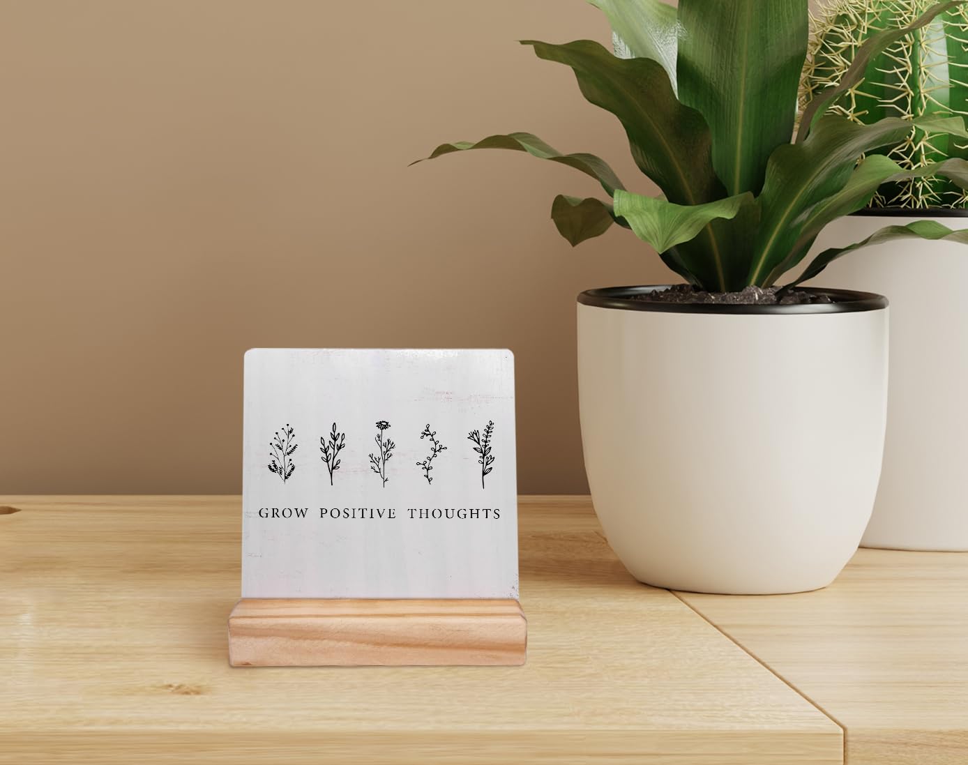 EIONEY Boho Neutral Botanical Desk Decor Wood Plaque with Wooden Stand,Grow Positive Thoughts Mental Health Therapy Office Desk Accessories,School Counseling Office Must Haves,Shelf Decor Aesthetic