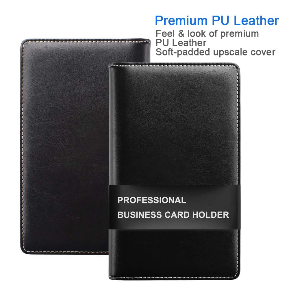 Sooez Leather Professional Business Card Book Holder Organizer, 240 Capacity Credit Card Booklet, PU Name Cards Holder Storage File for Men Women, 7.7 x 4.5 Inch, Black