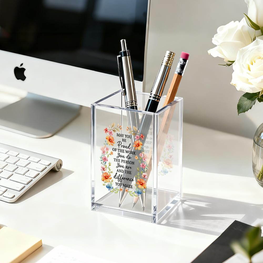 Gkodw Be Proud Of The Work Acrylic Cosmetic Organizer Pen Holder, Funny Acrylic Desk Holder Cup for Pen Pencil, Inspirational Office Gifts for Coworker, Thank You Gifts for Women Leader boss Staff