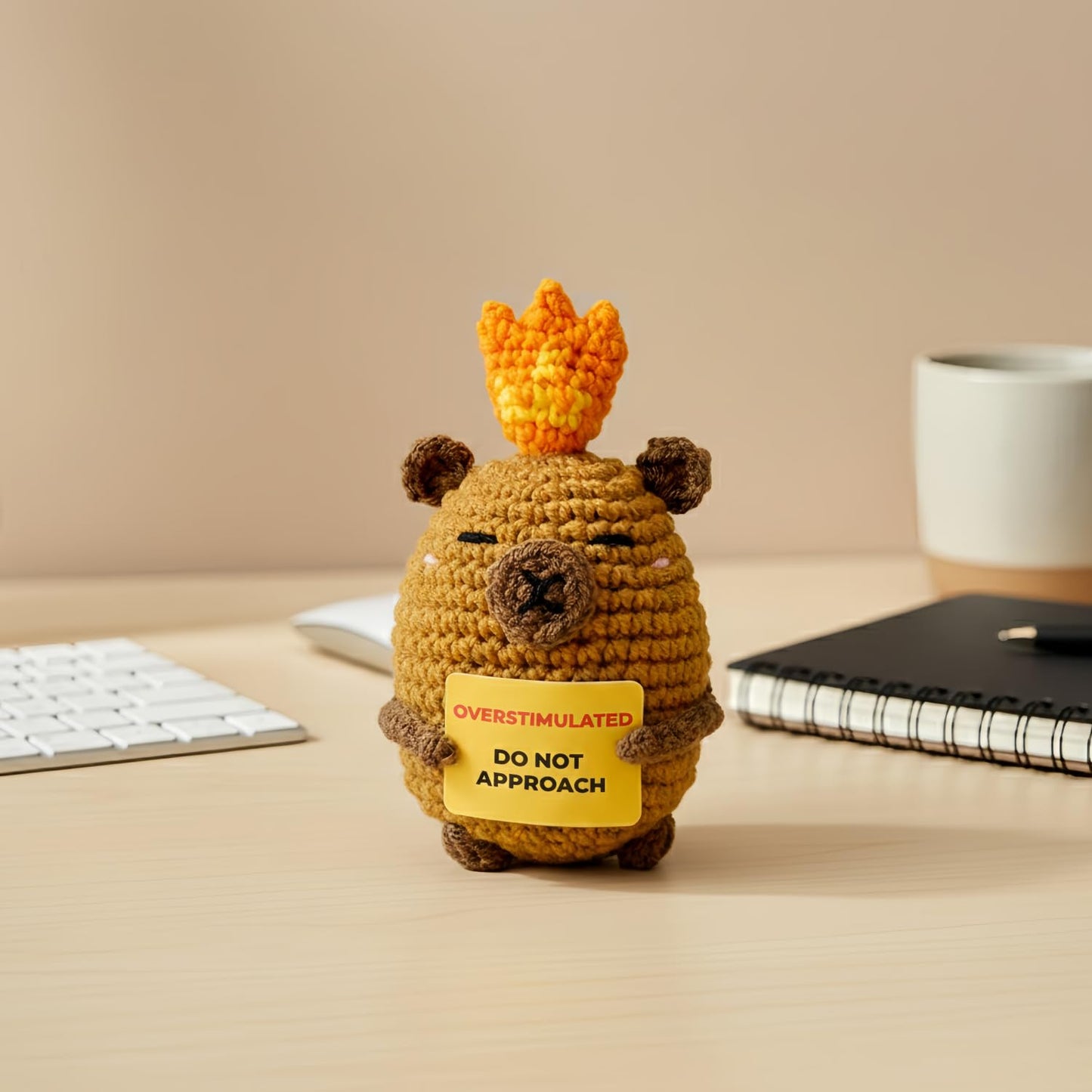 Overstimulated Do Not Approach Desk Sign, Handmade Crochet Capybara Plush with Card, Mini Desk Decor with Wooden Stand, Gift-Ready Organza Bag, Funny Office Cubicle & Home Office Gift