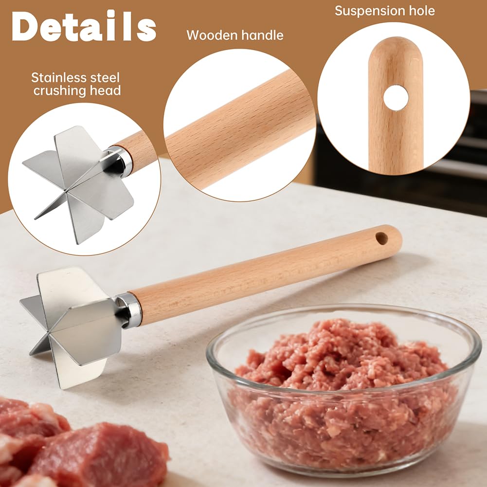 Stainless Steel Meat Chopper with Potato Masher, Kitchen Gadgets 4-Blade Ground Beef Chopper Potato Masher Hamburger Smasher Tool for Meat Vegetables Avocado Potatoes Beans(COLOR:Silver)