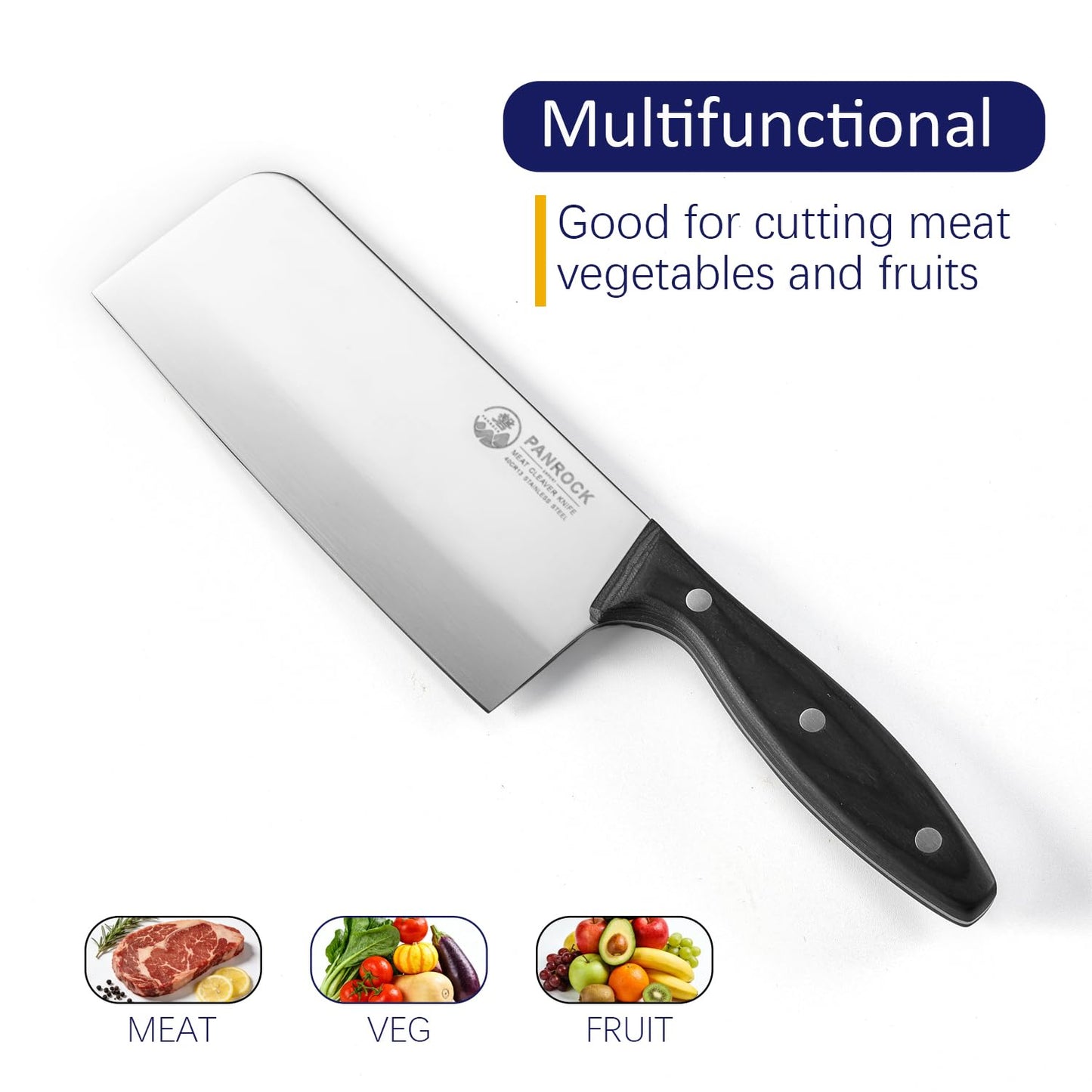 PANROCK Chinese Cleaver Knife 7 Inch, Meat Knife Ultra Sharp Lightweight for Kitchen - High Carbon Steel Blade with Mirror Finish No Stain, Anti-Slip Ergonomic Handle in Gift Box