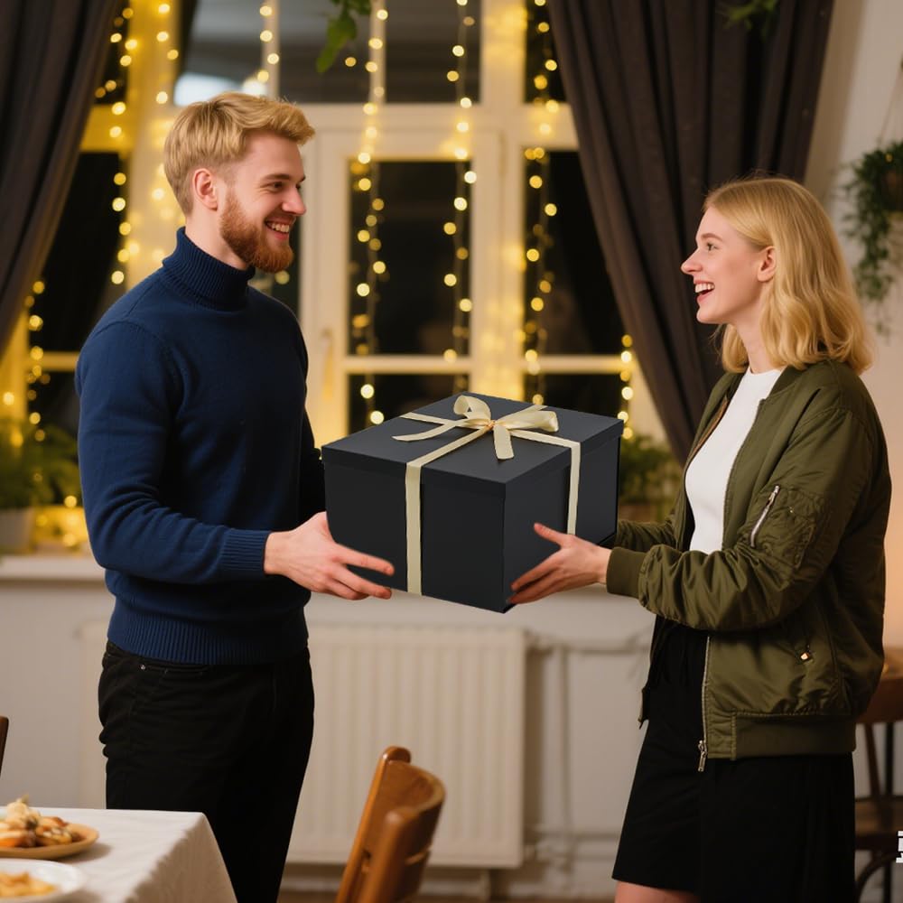 UoeRing 1Pcs Black Extra Large gift box with lids 16.5×13×8 Inches gift boxes for presents,Birthday Box (include Ribbon, Paper Shred Filler Gift Card & Envelopes)
