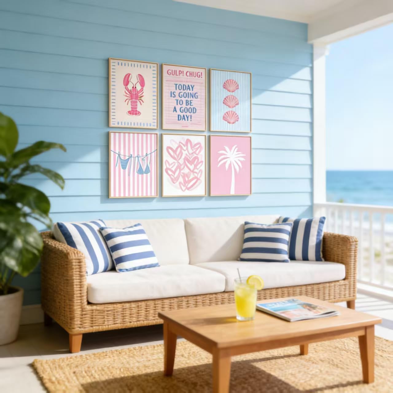 6pcs Preppy Beach Pink Blue Canvas Wall Art Coastal Fashion Bikini Shell Painting Picture Wall Decor Summer Seaside Theme Poster Print Artwork for Teen Girl Bedroom Dorm Gift granddaughter
