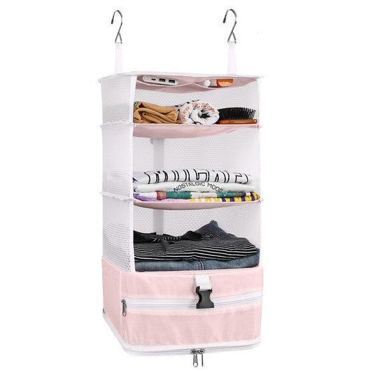 Surblue Hanging Closet Storage Bag Collapsible 3-Shelf Washable Oxford Fabric with 2 Hooks (L 11.41 * 11.41 * 19.68in, Pink)