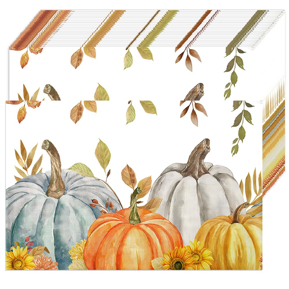 50 Pack Pumpkin Leaves Paper Placemats Fall Autumn Harvest Paper Placemats 10x14 Inch Seasonal Autumn Thanksgiving Disposable Placemat for Holiday Farmhouse Indoor Outdoor Home Party Dining Decoration
