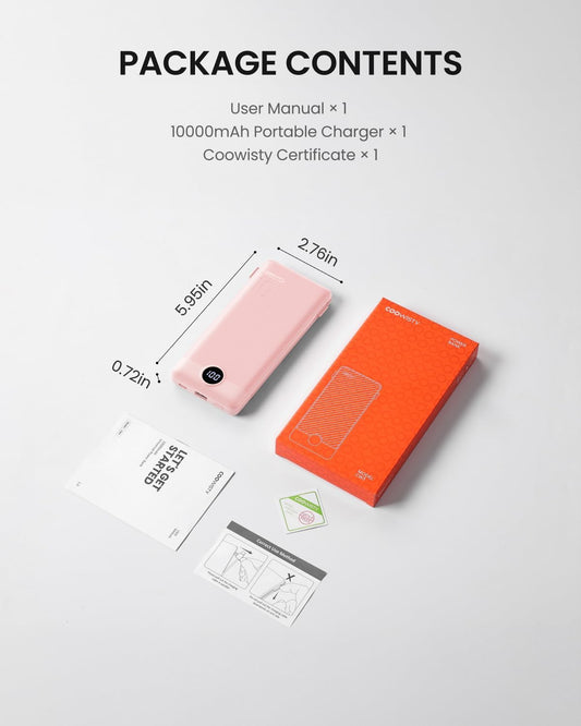 Coowisty Portable Charger Built-in Cables and Wall Plug, 10000mAh Slim USB C Power Bank, LED Display External Battery Pack Compatible with iPhone/Android & More (Pink)