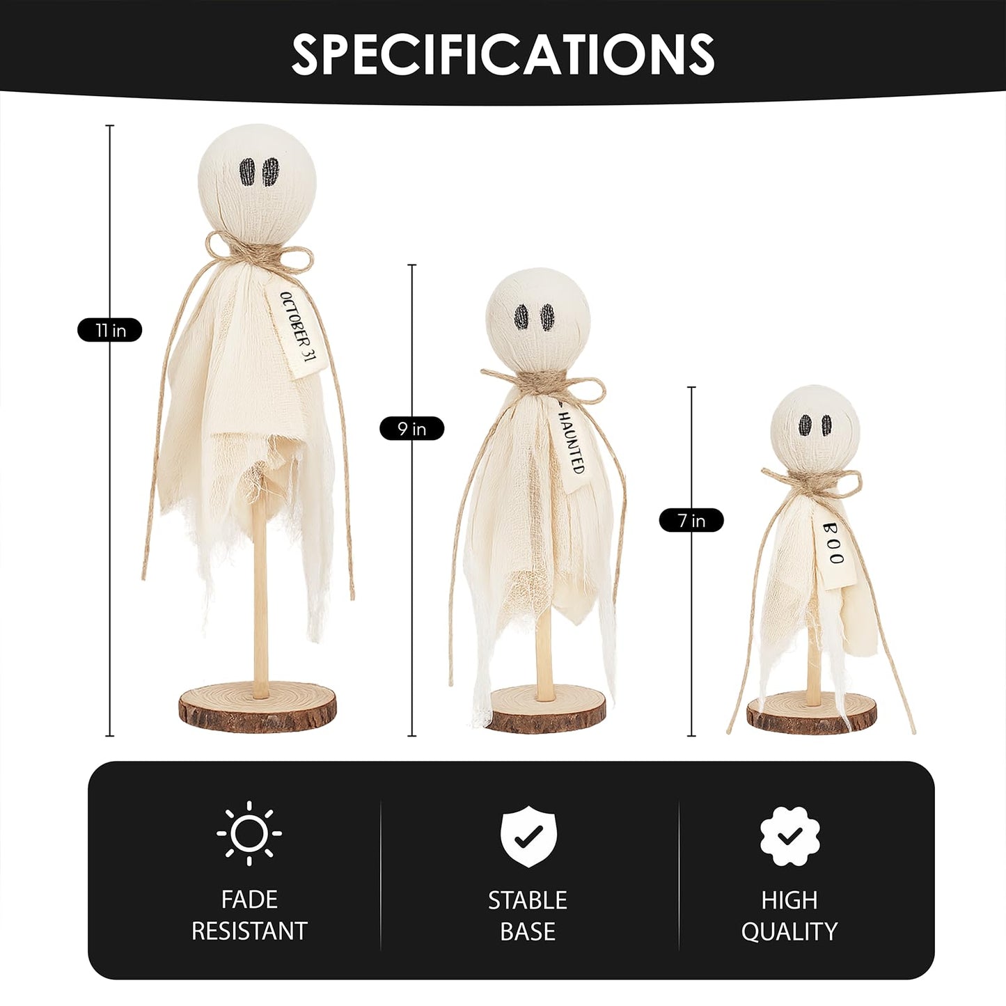 Halloween Ghost Decorations Set of 3, Rustic Wooden Base Boo Ghost Tabletop Ornaments, Farmhouse Halloween Indoor Centerpieces for Mantel, Shelf, Coffee Table and Entryway Decor