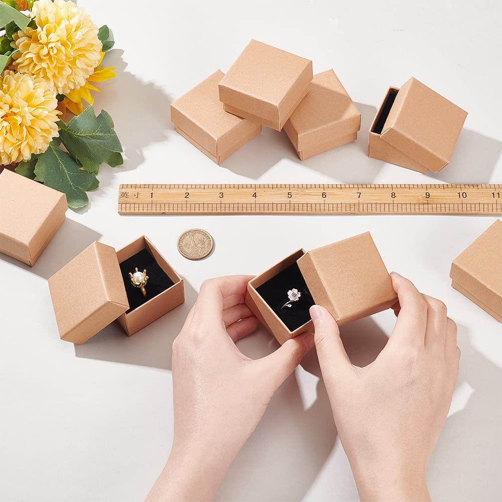 BENECREAT 24 Pack Small Kraft Ring Earring Box 1.88x1.8x1.33 Inches Square Cardboard Jewelry Gift Boxes for Christmas Festival Wedding Propose Jewelry Packing