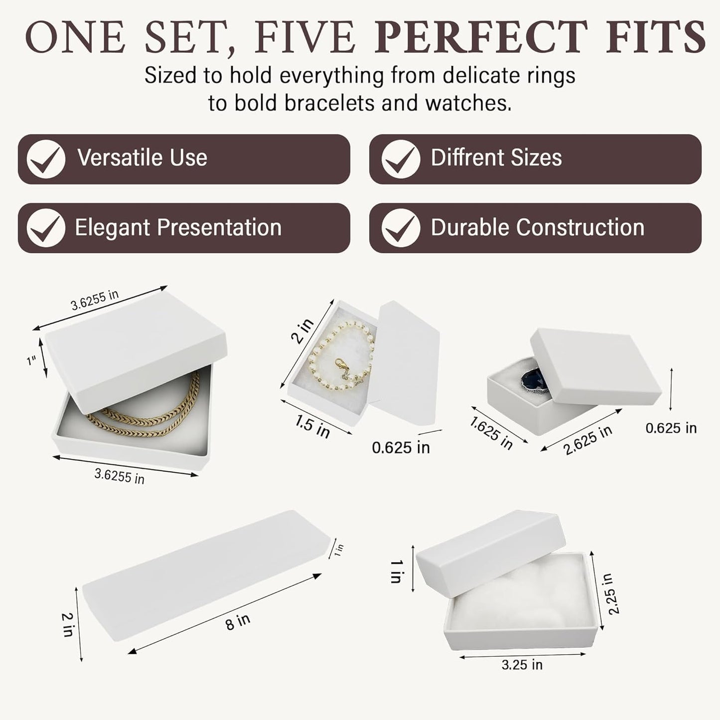 RJ Displays 50 pack Assorted Size White Paper Cardboard Cotton Filled Jewelry Gift Box for Ring, Earring, Charm, Pendant, Necklace, Bracelet, Bangle, Anklet, Belt Buckle, Brooch, and Watch