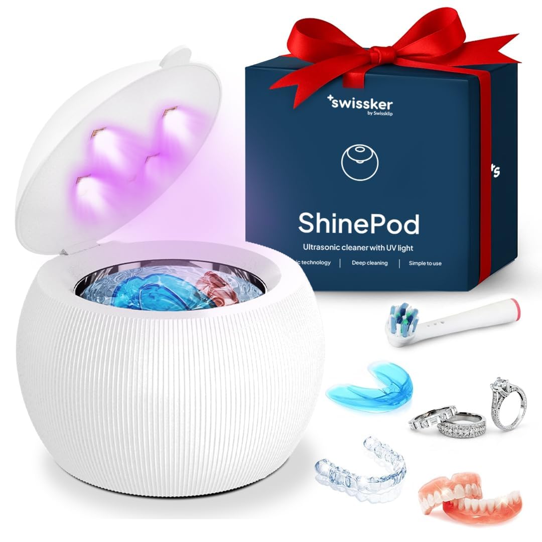 Swissker by Swissklip ShinePod Ultrasonic Retainer Cleaner Machine – Dental Pod Ultrasonic Cleaner for Dentures, Aligners, Mouth Guards, Invisalign Cleaning – UV Sterilization – White