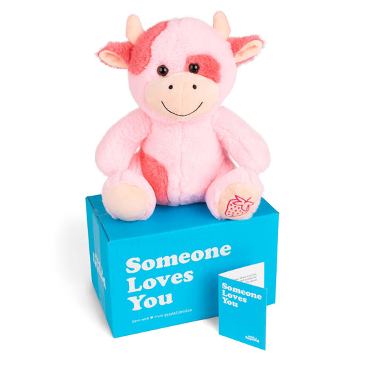 SendAFriend Sally The Strawberry Cow Stuffed Animal Care Package, Someone Loves You Box, Great Gift for Any Reason (Happy Birthday Notecard)