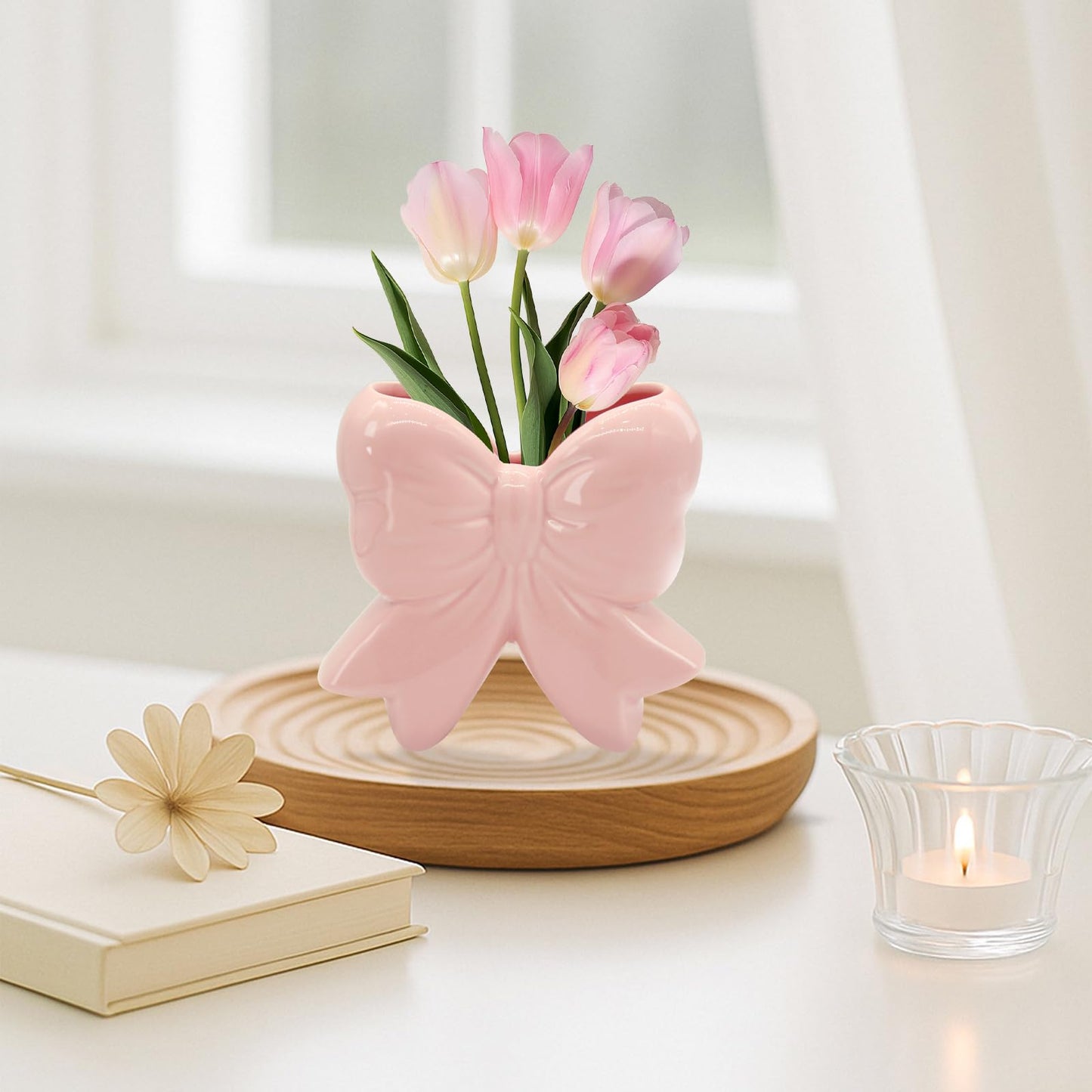Coquette Vase Bow Ceramic Pen Holder Makeup Brush Holder, Contemporary Design Decorative Women Gifts for Home Office Shelf Table Living Room Classic Pink