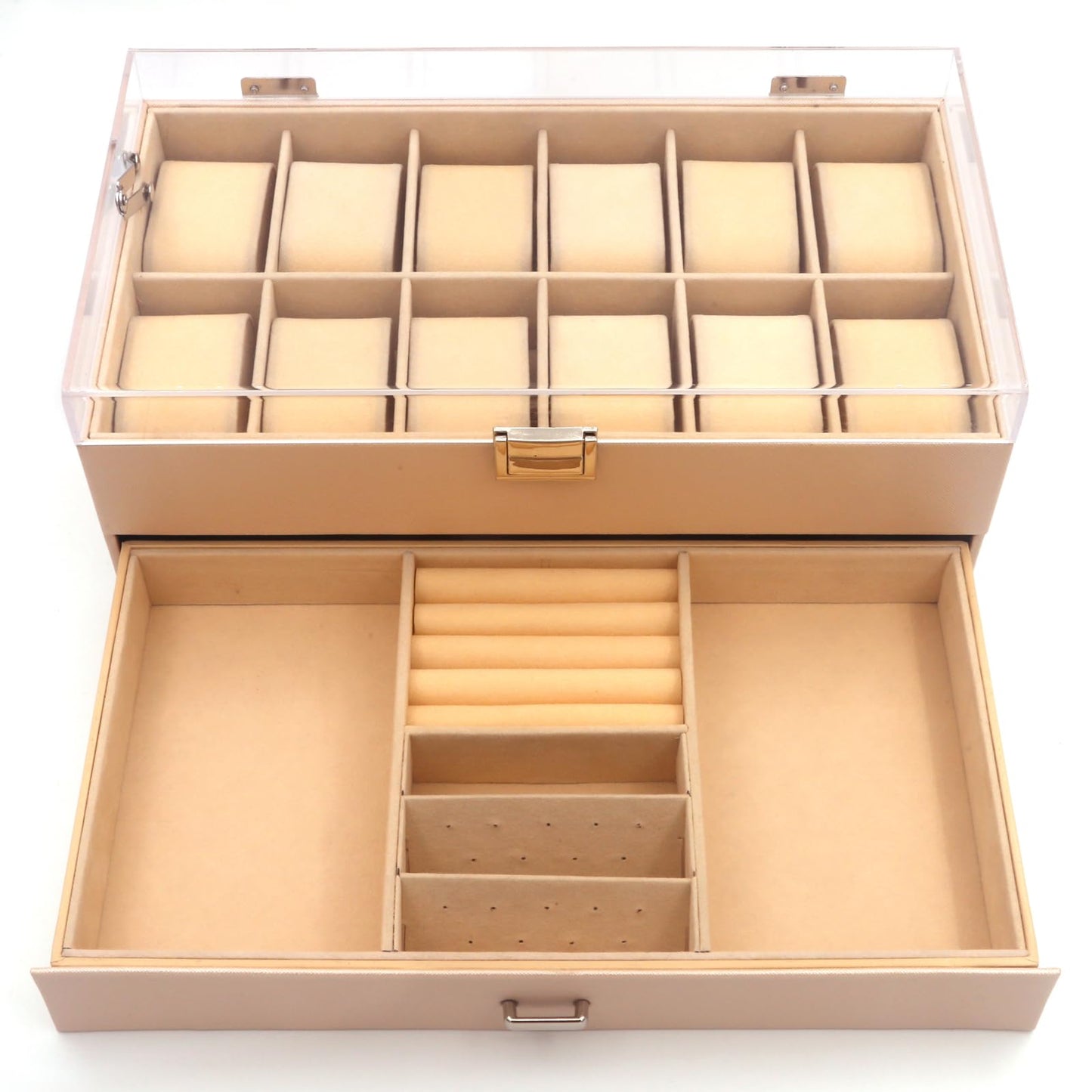 KLOUD City 12-Slot Watch Box with Lockable Drawer Acrylic Display Lid | Velvet Organizer for Luxury Watches, Jewelry & Eyewear (Pink-W3008)