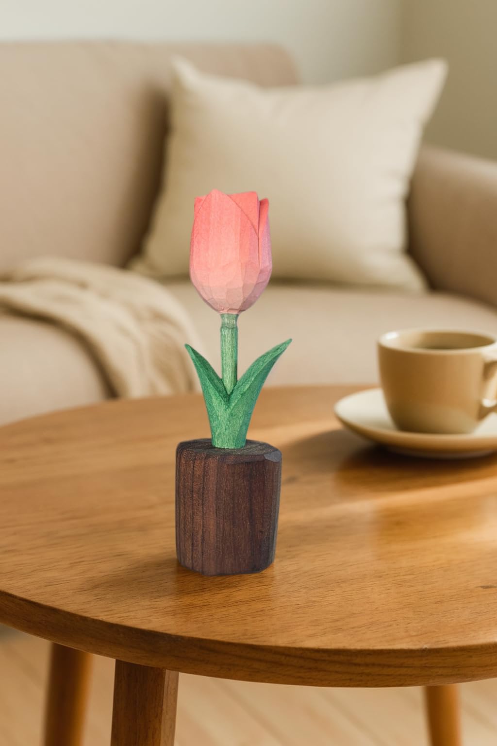 Handcrafted Wooden Tulip Figurine – Elegant Basswood Carved Sculpture, Unique Gift with Premium Gift Box, Ideal for Mother’s Day, Anniversary, Birthday, Home Office Décor (Pink)