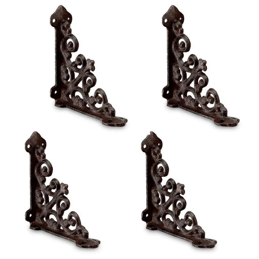Z metnal 4 Pack Cast Iron Shelf Brackets 4x4 Inch, Heavy Duty Decorative Corner Braces for Floating Shelves, Vintage Brown Metal Mailbox Bracket, Rustic Farmhouse Wall Decor (Screws Not Included)