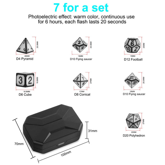 HTPOW Light Up DND Dice Set of 7 USB Rechargeable Role Playing Dice with Charging Box, Valentine's Day Gift Shake to Light up LED Dice for Dungeons and Dragons Role Playing Tabletop Games