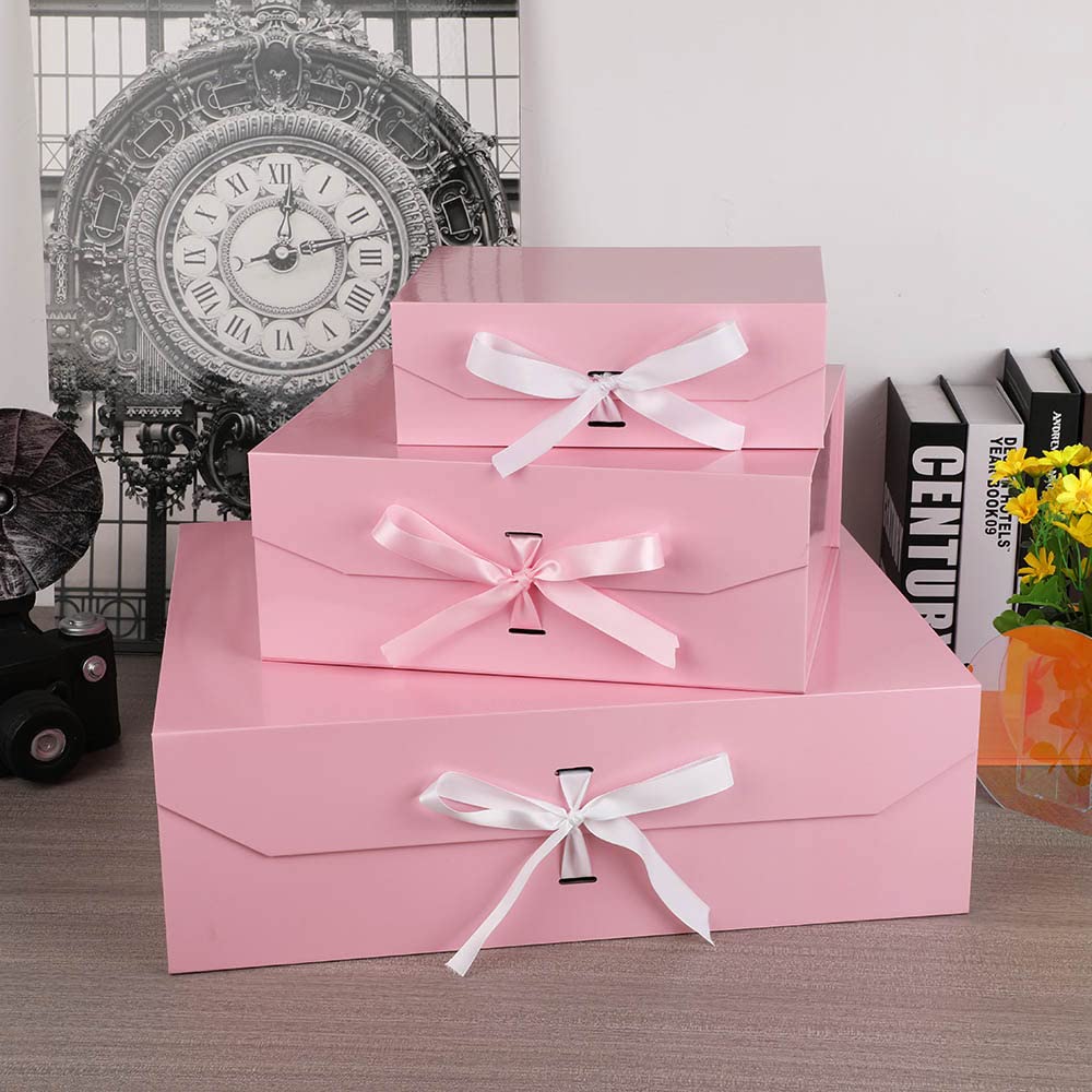 GoooodGift Extra Large Pink Gift Box with Ribbon 19x16x6 Inches, Gift Box with Lid Magnetic Closure, Groomsman Proposal Box, Rectangle Collapsible Gift Boxes for Wedding Dress(Pink)