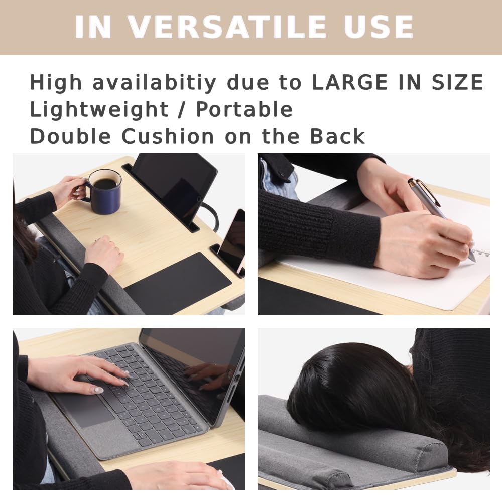Japard Laptop Lap Desk with Mousepad, Cushion, Wide 21", Fits up to 15.6 inch, Portable Handle, Tablet Pen Phone Holder Wood Natural Home Office Gift