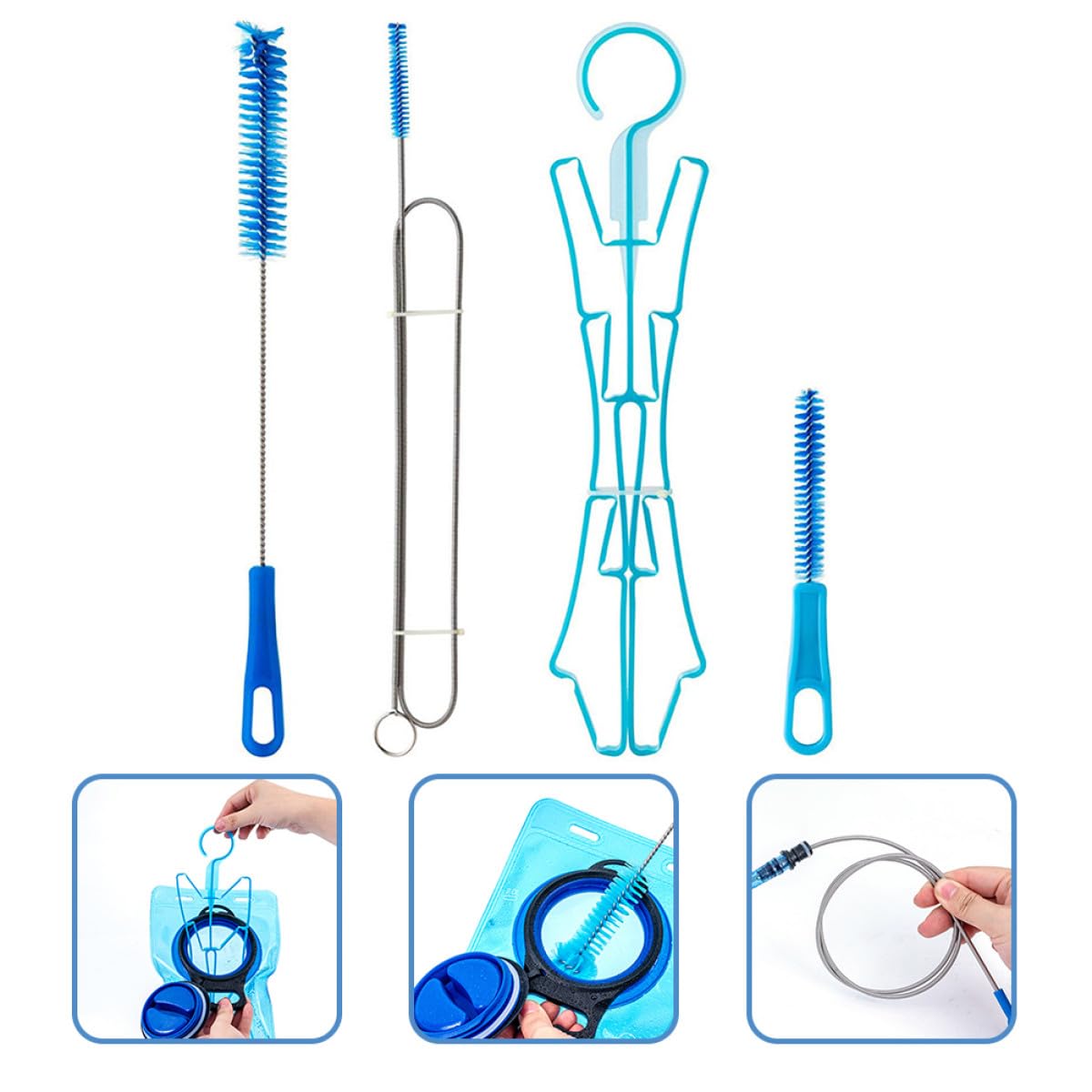 KALLORY Wear-Resistant Hydration Bladder Brush Set with Stainless Steel Tube Spring Cleaner, Compact Daily Use Water Bag and Hose Cleaning Kit for Outdoor and Household Use, Blue