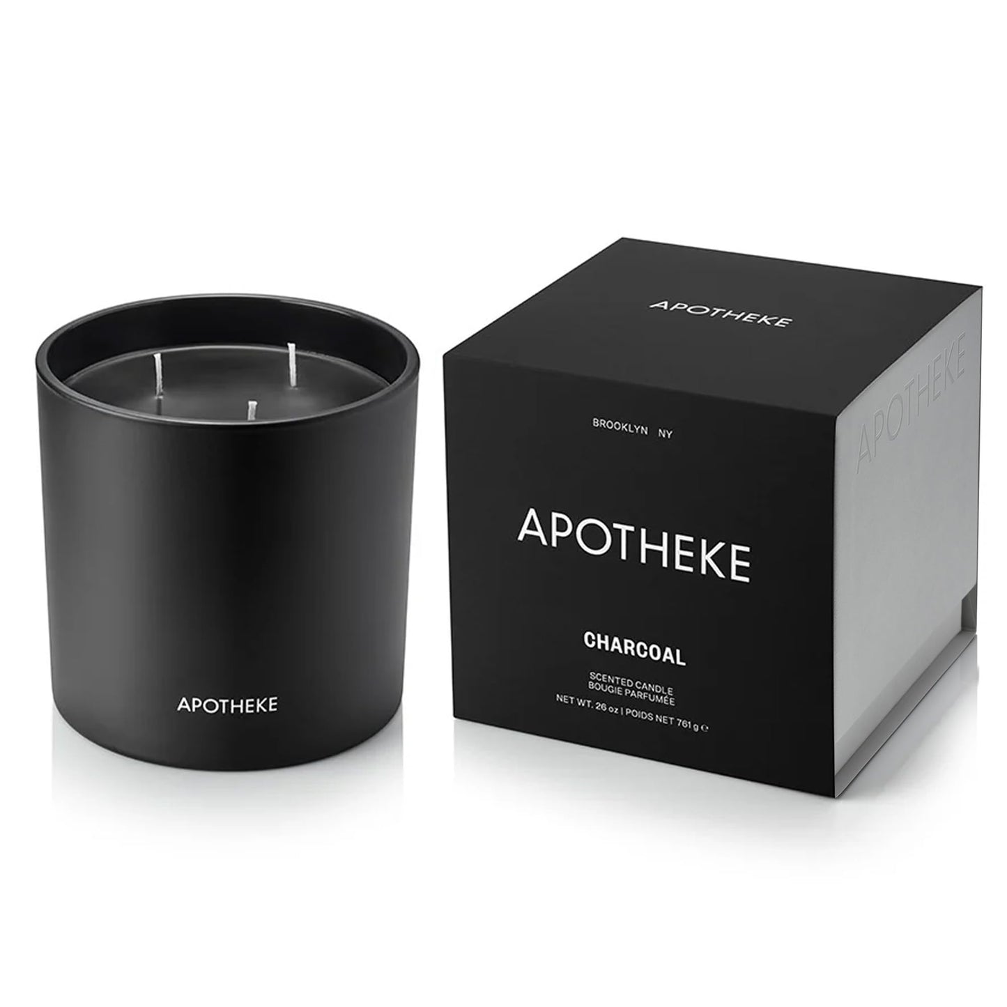 Apotheke 3-Wick Scented Candles for Home, Charcoal - 26 oz Soy Wax Jar Black Candle Gift for Women - Long-Lasting Fragrance with Perfume-Grade Essential Oils - Cedarwood, Sandalwood, Oud & Amber