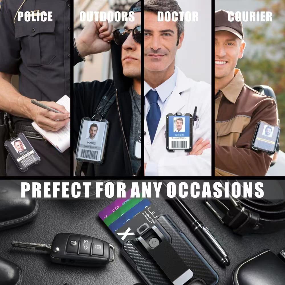 LIUGX Badge Holder, ID Card Holder with Metal Clip - Durable Polycarbonate (Holds 1 to 4 Cards), Portable Wallet for Office, Laborer, Police, Work, Black