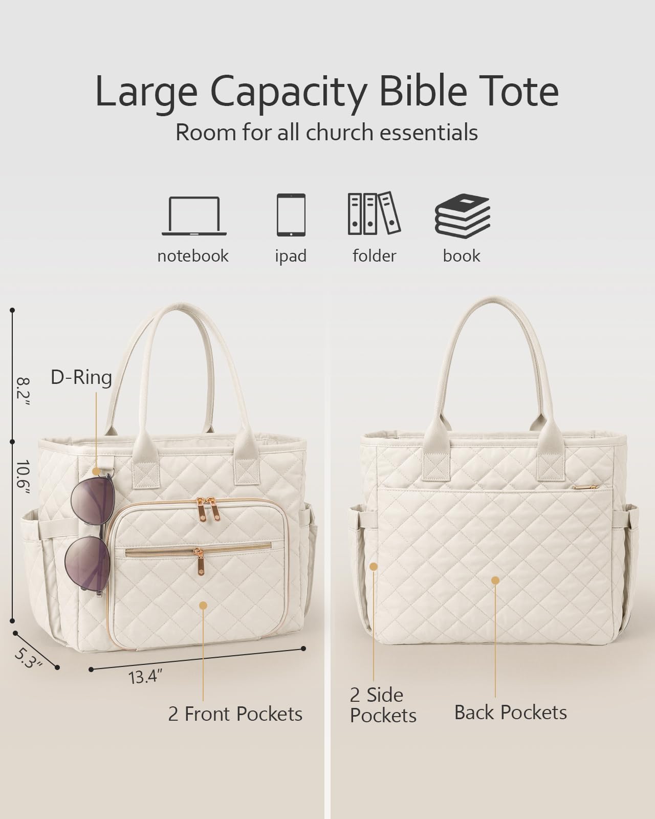 BellaHold Large Bible Bag with Bible Cover Case for Women, Church Bag with shoulder strap, Quilted Bible Cover for Bible Study Supplies, a Christian Gift for Women, Beige