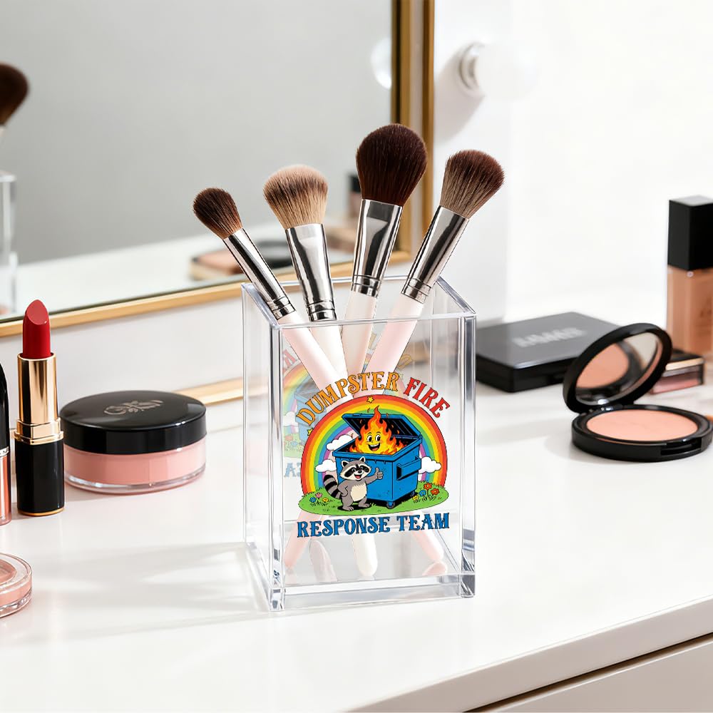 Gkodw Everything is Fine Cosmetic Organizer Pen Holder, Acrylic Desk Holder for Pen Pencil, Office Gifts for Coworker, Dumpster Fire Desk Accessory (Transparent64)