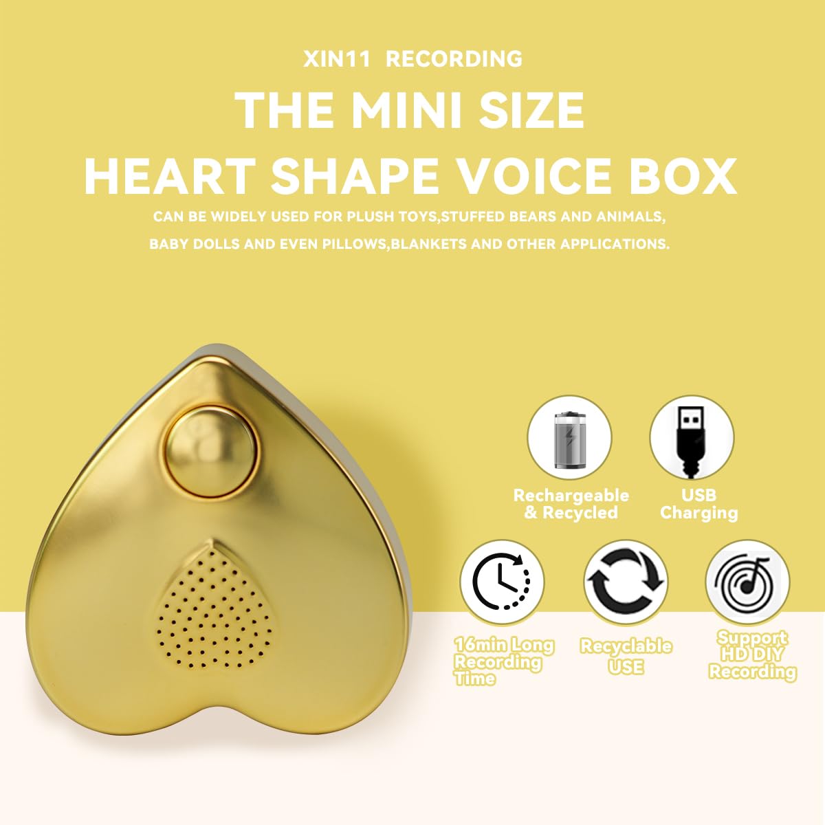350s Voice Box Recordable Presents Button Sound Box for Stuffed Animals, Voice Recorder for Mother's Day Valentine Christmas Plush Toy,Manual DIY Creative Sound Present for Boys Girls (Gold)