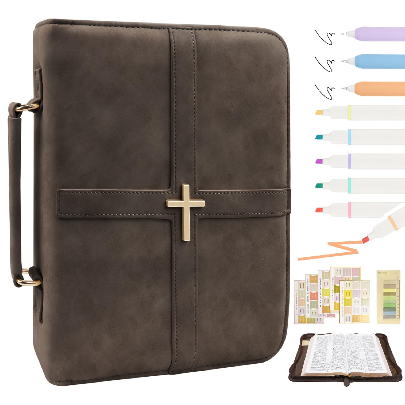 Classic Leather Bible Cover Case with Cross Design and Handle for Men Women, Durable Bible Study Supplies Organizer Carrying Bag, Perfect Christmas Gifts for Christians with Gift Box（Dark Brown