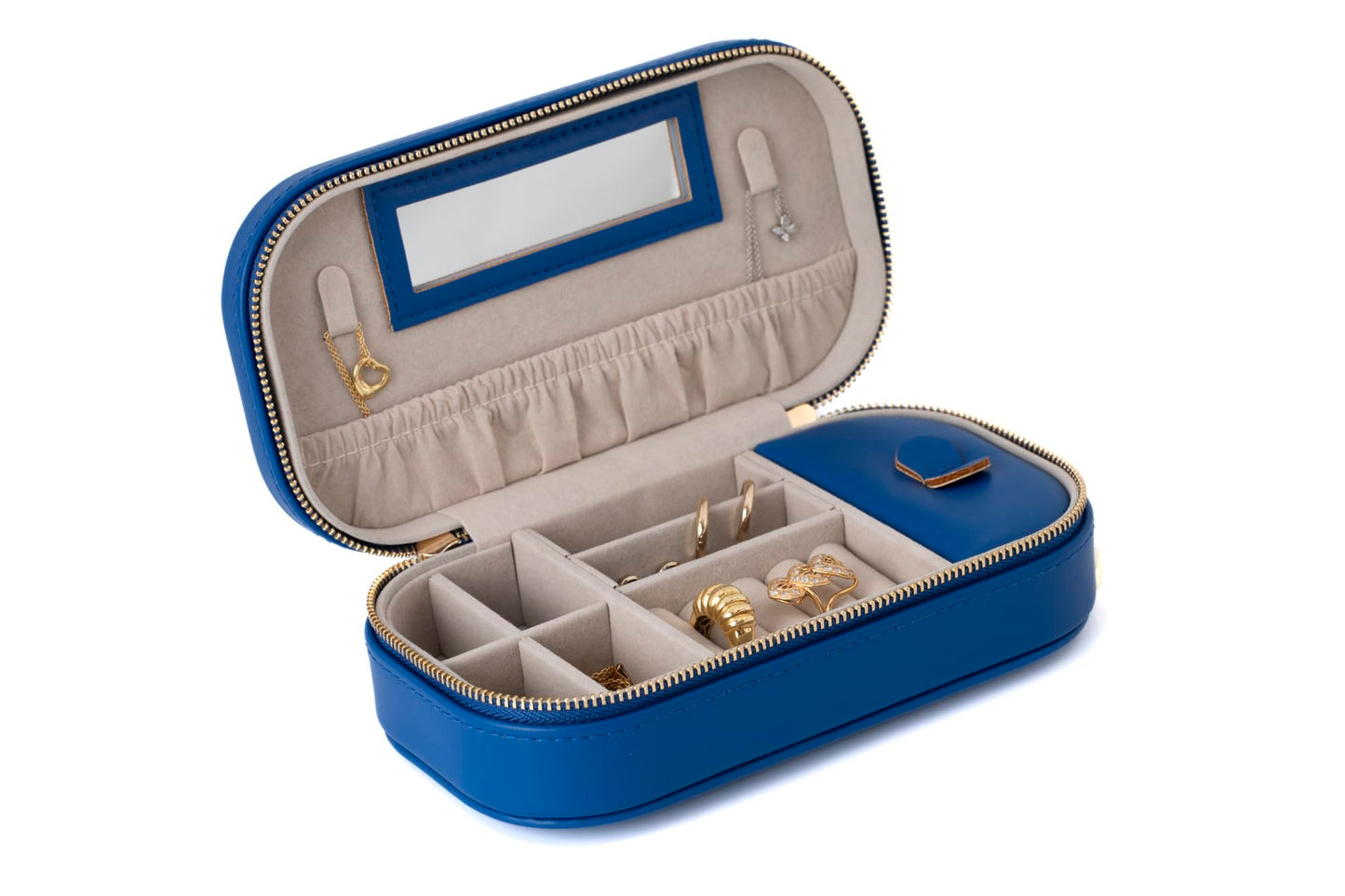 Crafted Living Summer Gift Blue Elegant Oval Jewelry Travel Case | Zip-Closure Jewelry Box with Mirror, Slots for Pendants, Bracelets, Rings & Earrings, Complimentary Dust Bag