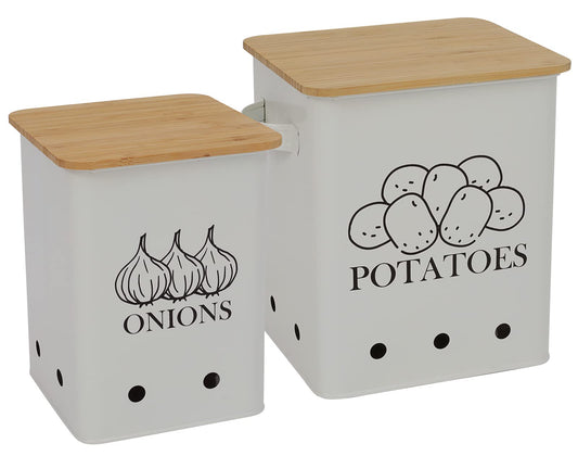 Kitchen Vegetable Storage Tins Set of 2, Onion and Potato Storage Bins with Wooden Lid and Aerating Holes, Garlic Bin Caddy, Vintage Kitchen Decor, White