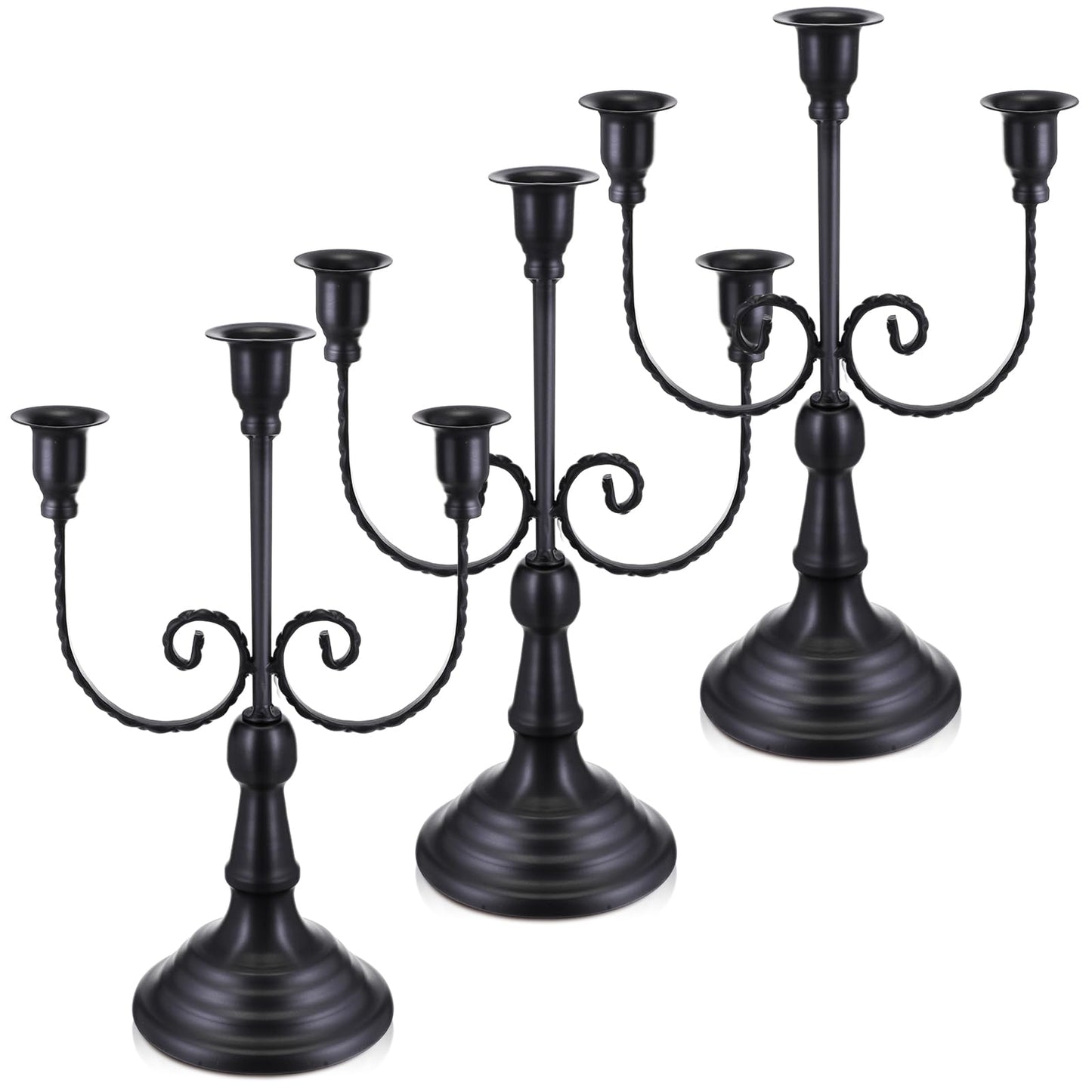 Dandat 3 Pcs 3 Arm Metal Candelabra Candlestick Holders Tall Candlestick Holders Gothic Candle Holder for Home Wedding Church Christmas Party(Retro,11.8 Inch,Black)